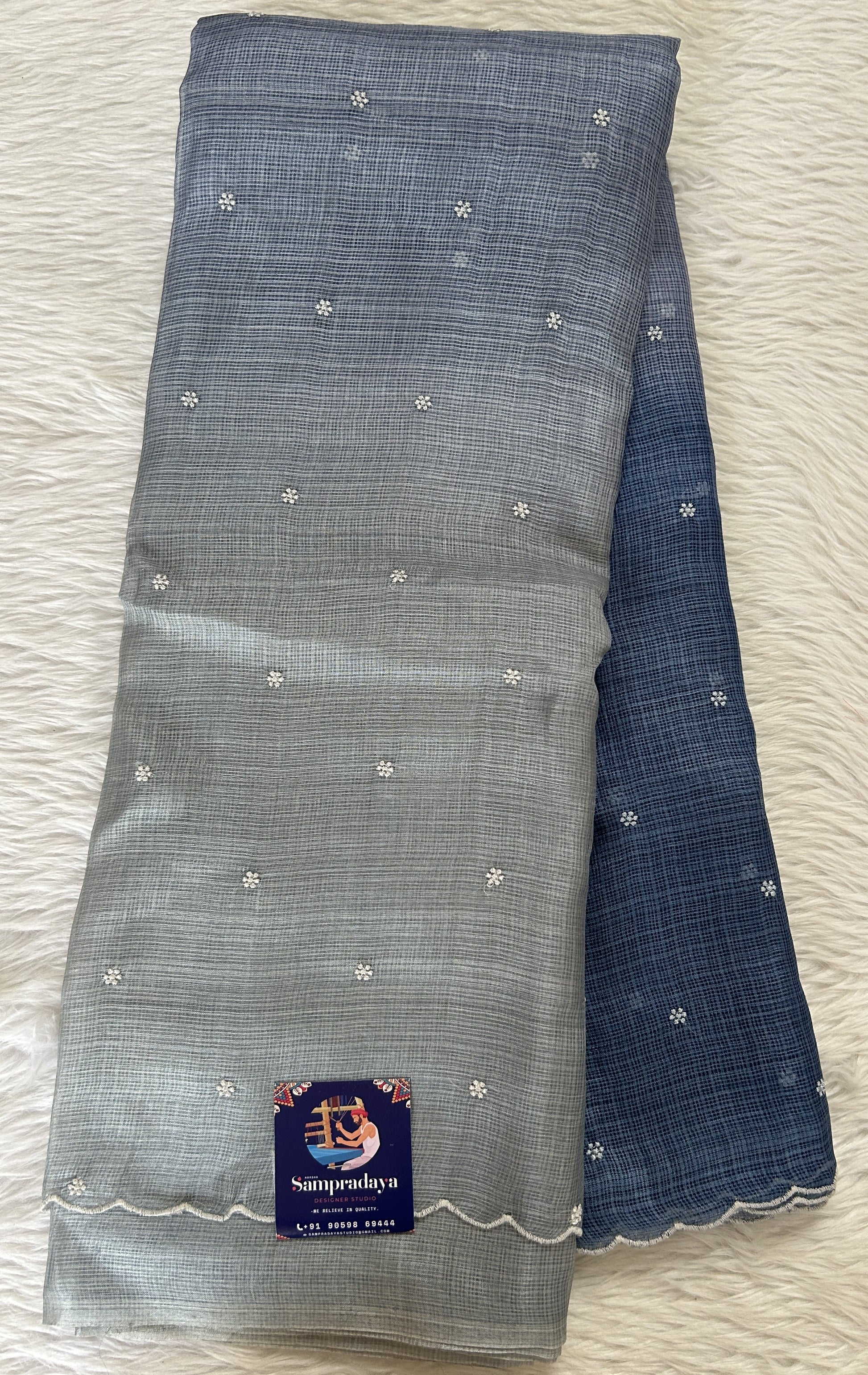 Tussar Silk Saree Gray and Teal Blue Colored Ombre Effect complemented with a borderless Saree. - Sampradaya Designer Studio