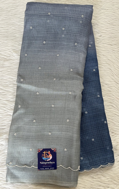 Tussar Silk Saree Gray and Teal Blue Colored Ombre Effect complemented with a borderless Saree. - Sampradaya Designer Studio