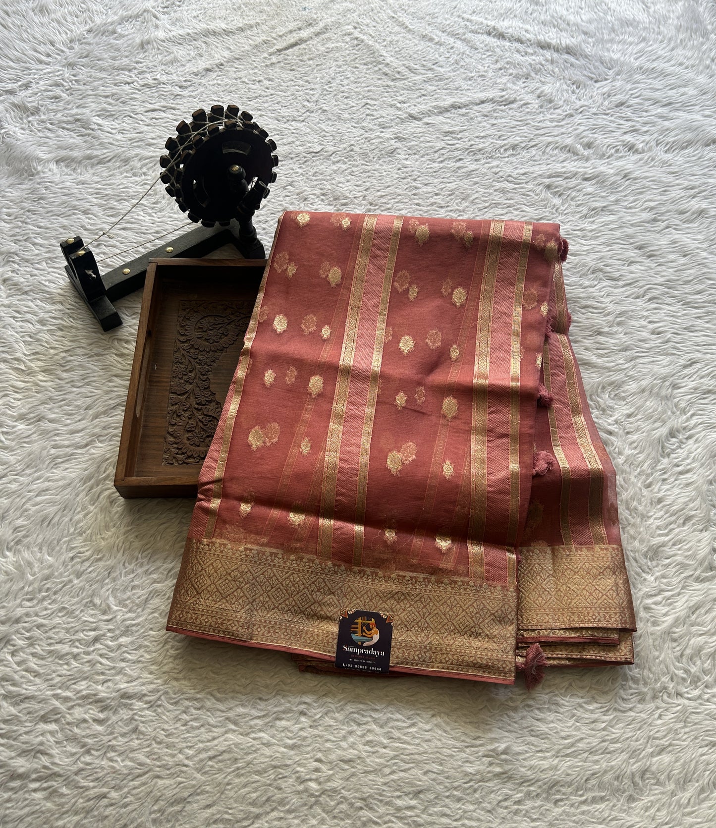 Semi Raw Silk Saree Watermelon Colored Exquisite with a Zari Border. - Sampradaya Designer Studio