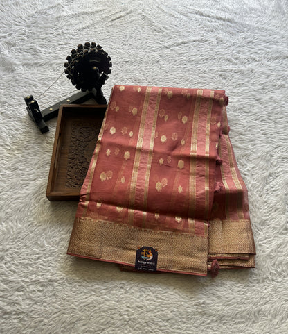 Semi Raw Silk Saree Watermelon Colored Exquisite with a Zari Border. - Sampradaya Designer Studio