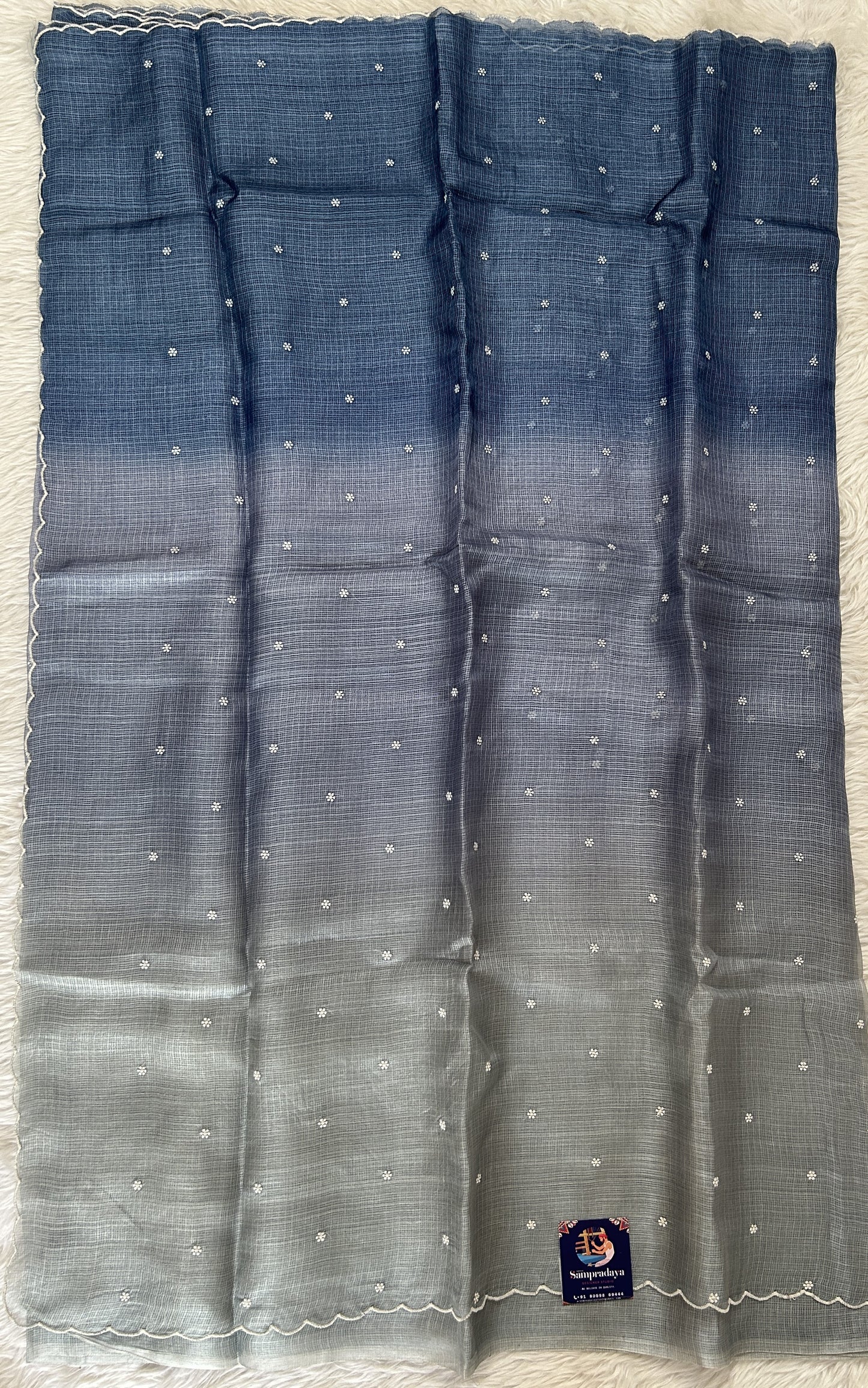 Tussar Silk Saree Gray and Teal Blue Colored Ombre Effect complemented with a borderless Saree. - Sampradaya Designer Studio