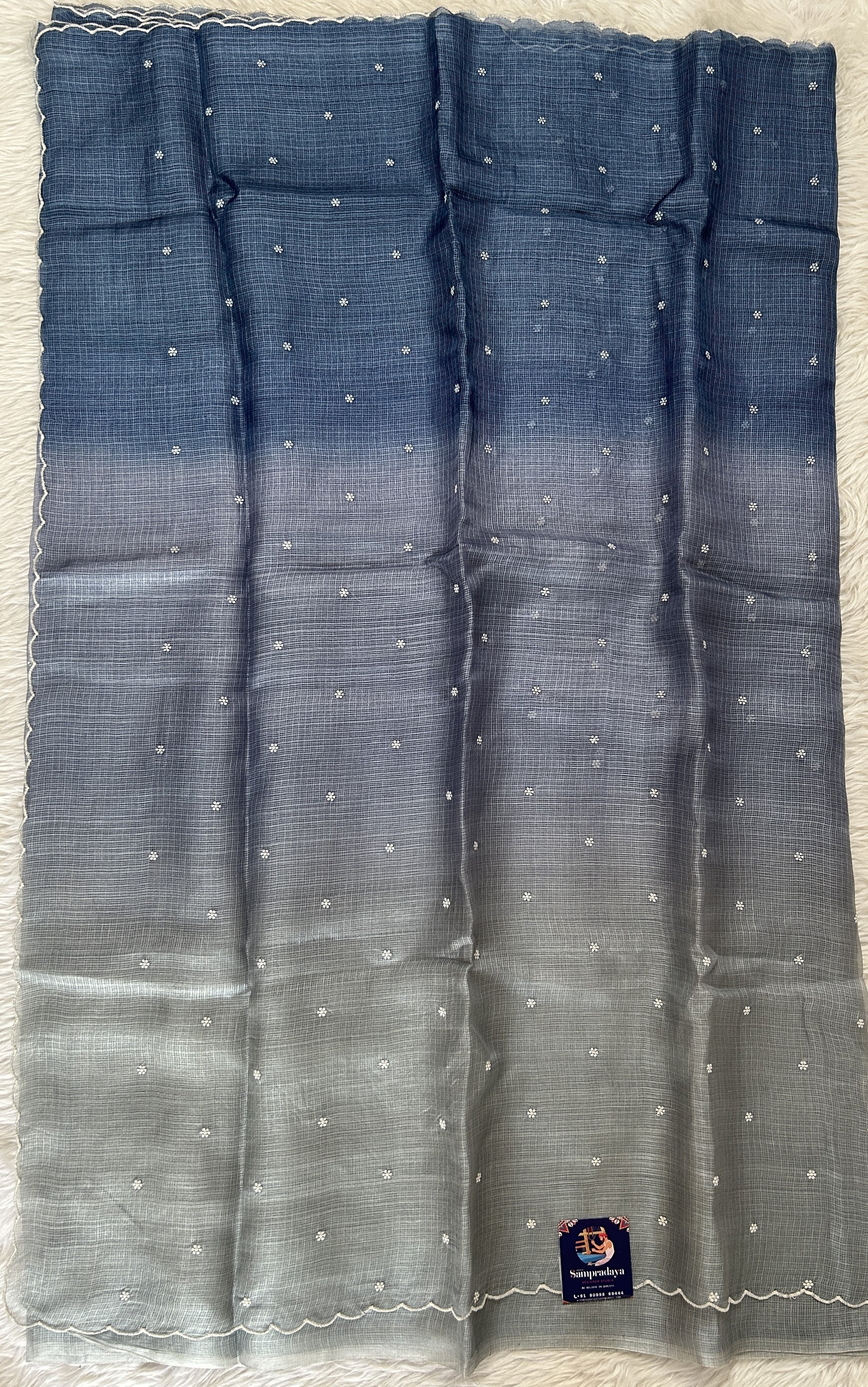 Tussar Silk Saree Gray and Teal Blue Colored Ombre Effect complemented with a borderless Saree. - Sampradaya Designer Studio