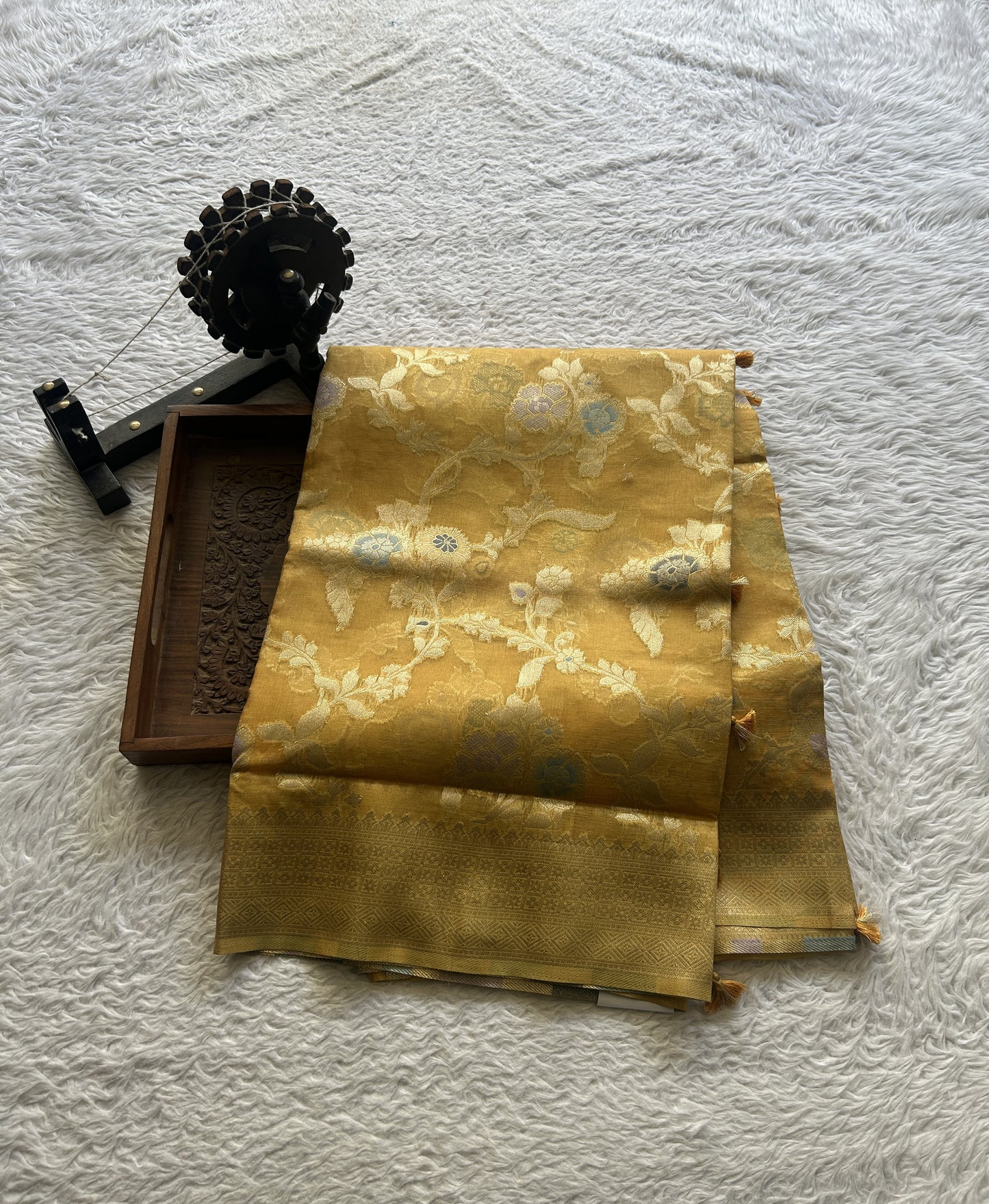 Semi Raw Silk Saree Light Yellow Colored Exquisite with a Zari Border. - Sampradaya Designer Studio