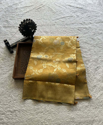 Semi Raw Silk Saree Light Yellow Colored Exquisite with a Zari Border. - Sampradaya Designer Studio