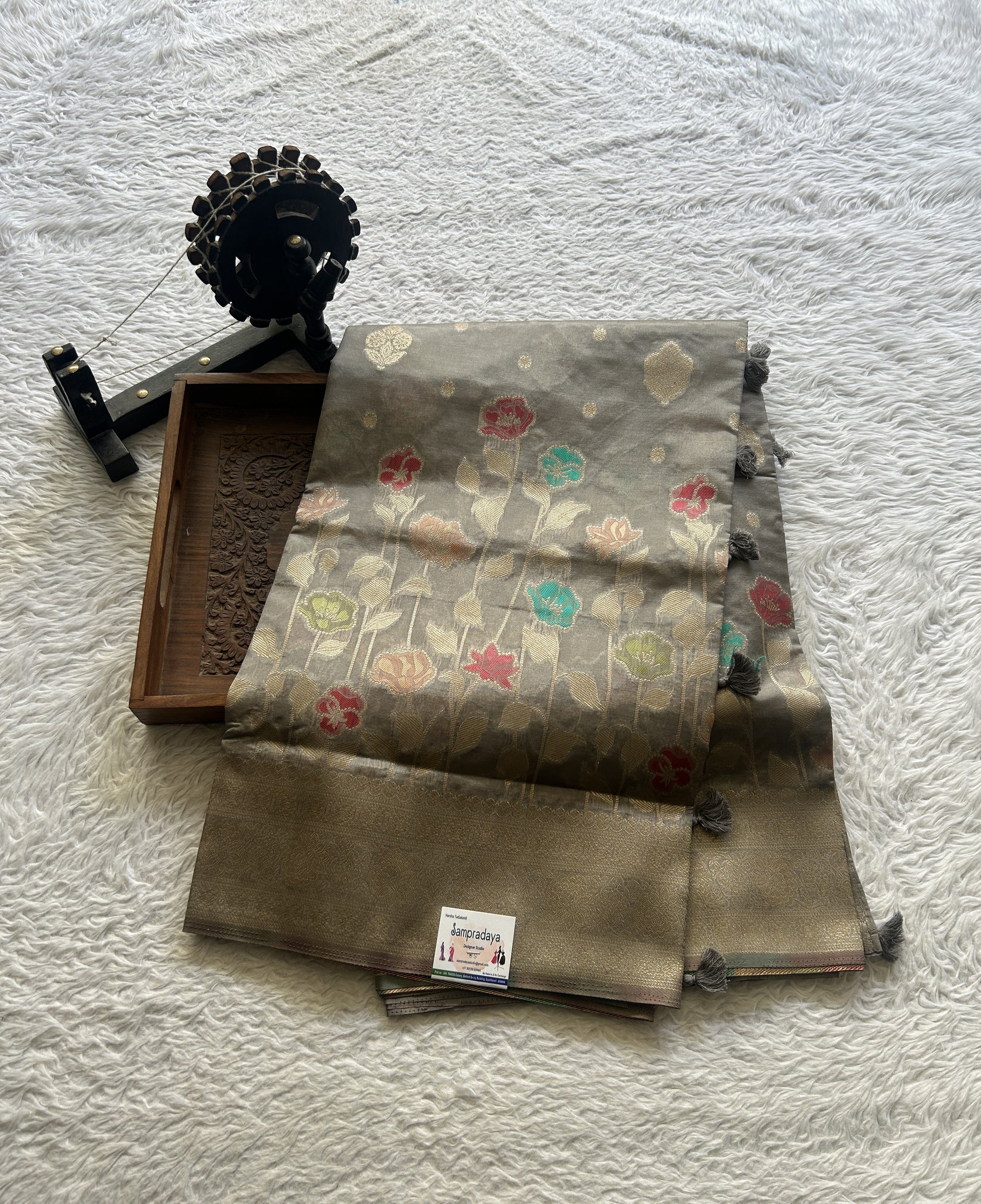 Semi Raw Silk Saree Gray Colored Exquisite with a Zari Border. - Sampradaya Designer Studio