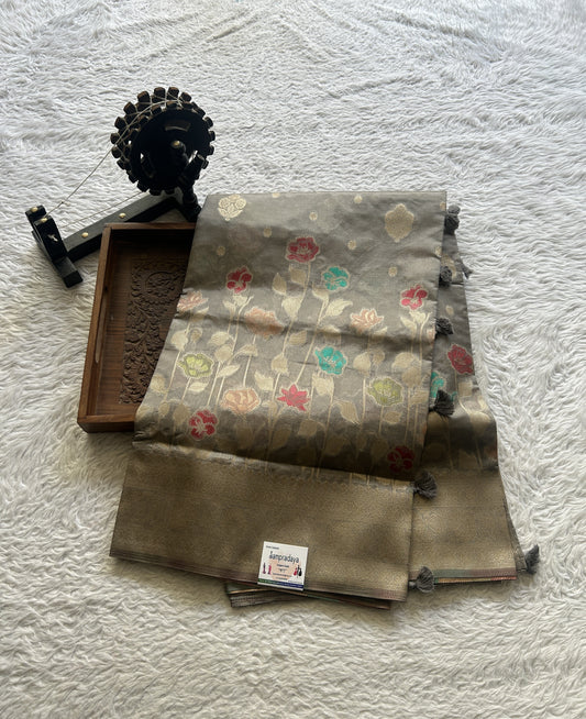 Semi Raw Silk Saree Gray Colored Exquisite with a Zari Border. - Sampradaya Designer Studio