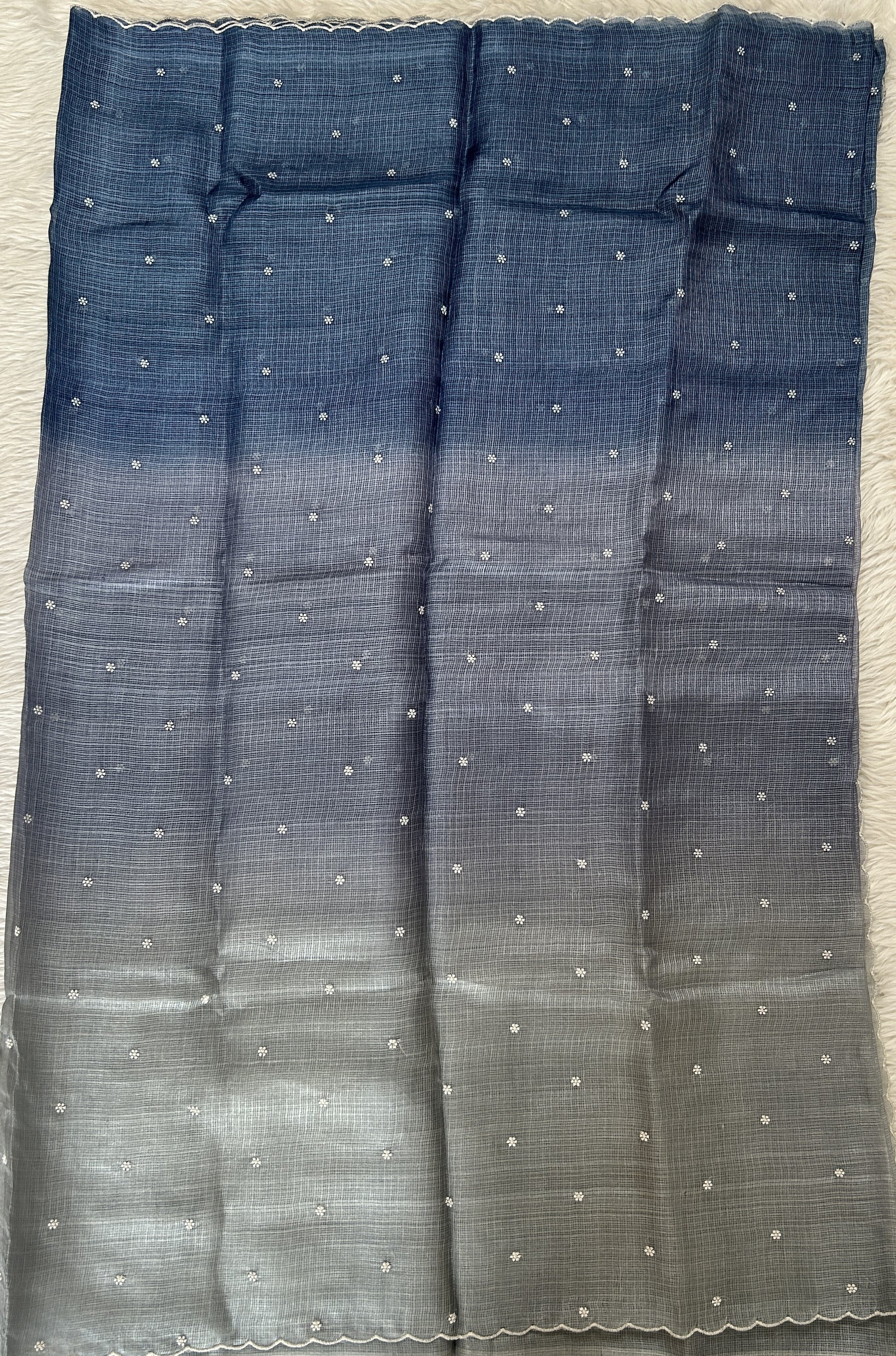 Tussar Silk Saree Gray and Teal Blue Colored Ombre Effect complemented with a borderless Saree. - Sampradaya Designer Studio