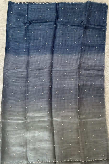 Tussar Silk Saree Gray and Teal Blue Colored Ombre Effect complemented with a borderless Saree. - Sampradaya Designer Studio