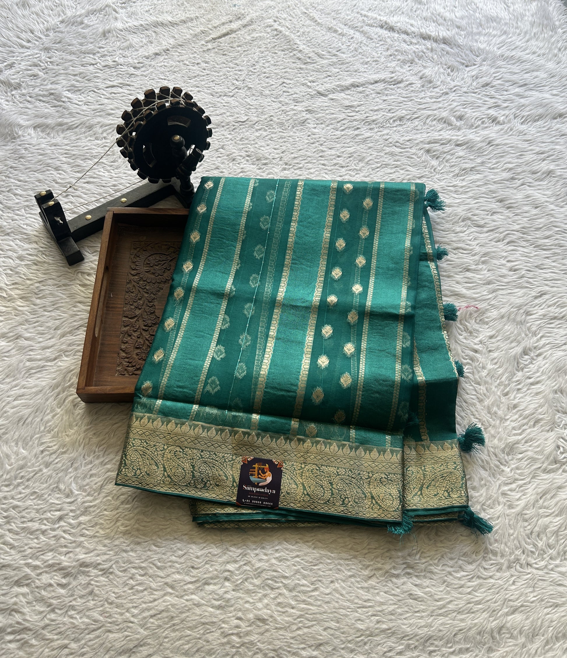 Semi Raw Silk Saree Bottle Green Colored Exquisite with a Zari Border. - Sampradaya Designer Studio