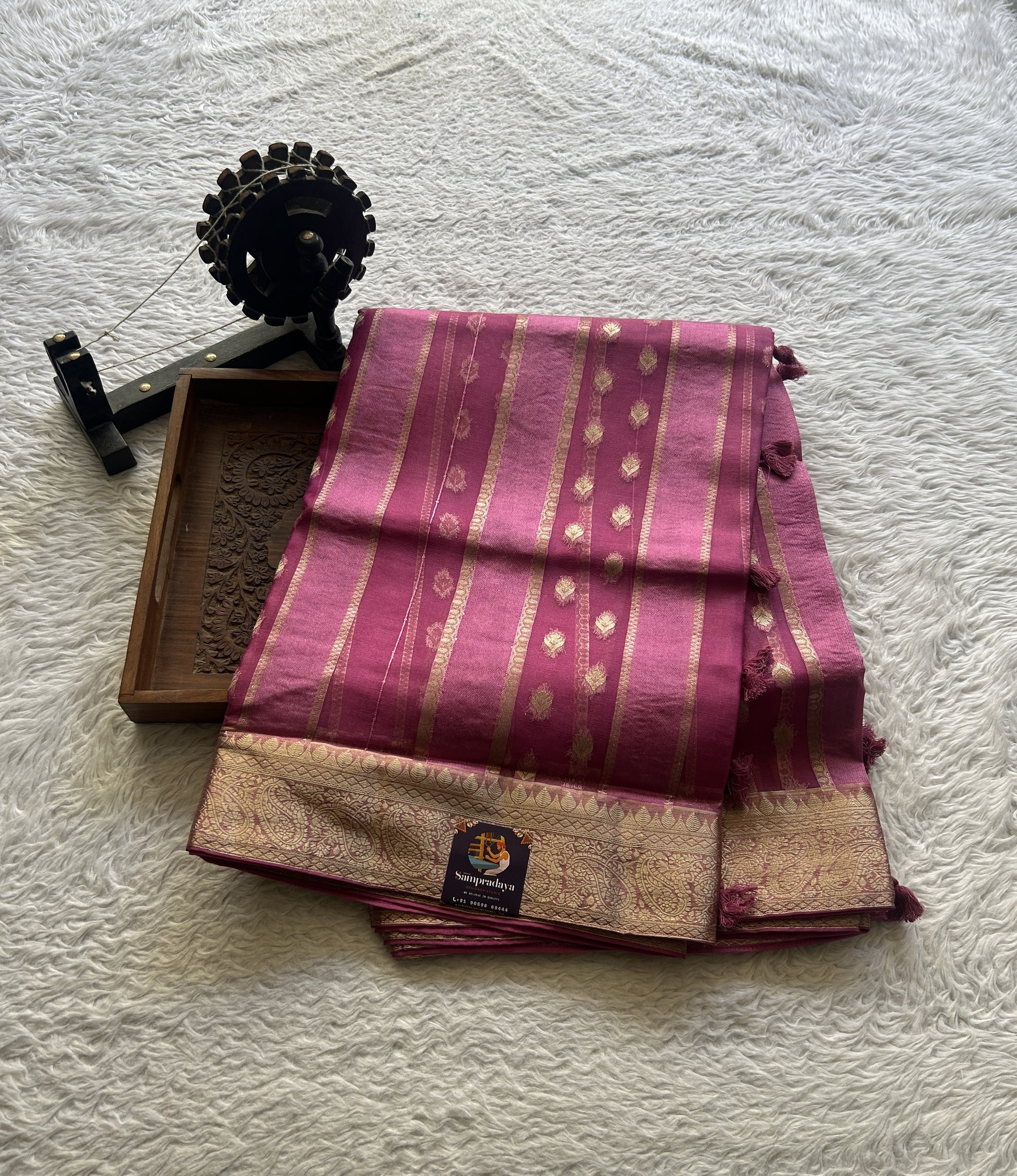 Semi Raw Silk Saree Magenta Colored Exquisite with a Zari Border. - Sampradaya Designer Studio