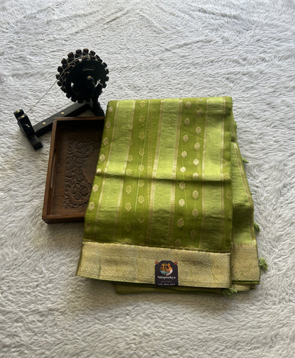 Semi Raw Silk Saree Parrot Green Colored Exquisite with a Zari Border. - Sampradaya Designer Studio