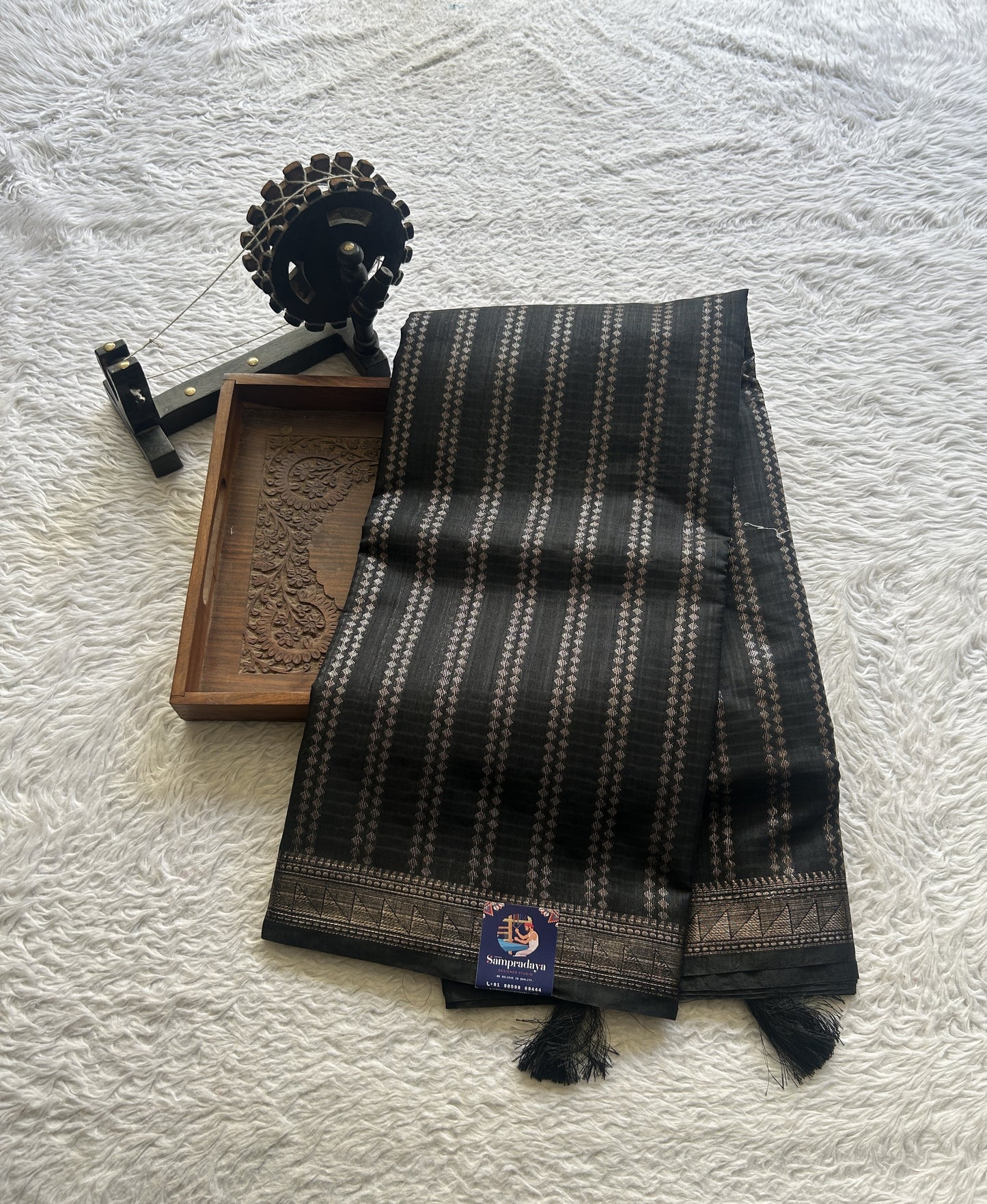 Semi Tussar Saree Colored Black Complemented with a Zari Border. - Sampradaya Designer Studio