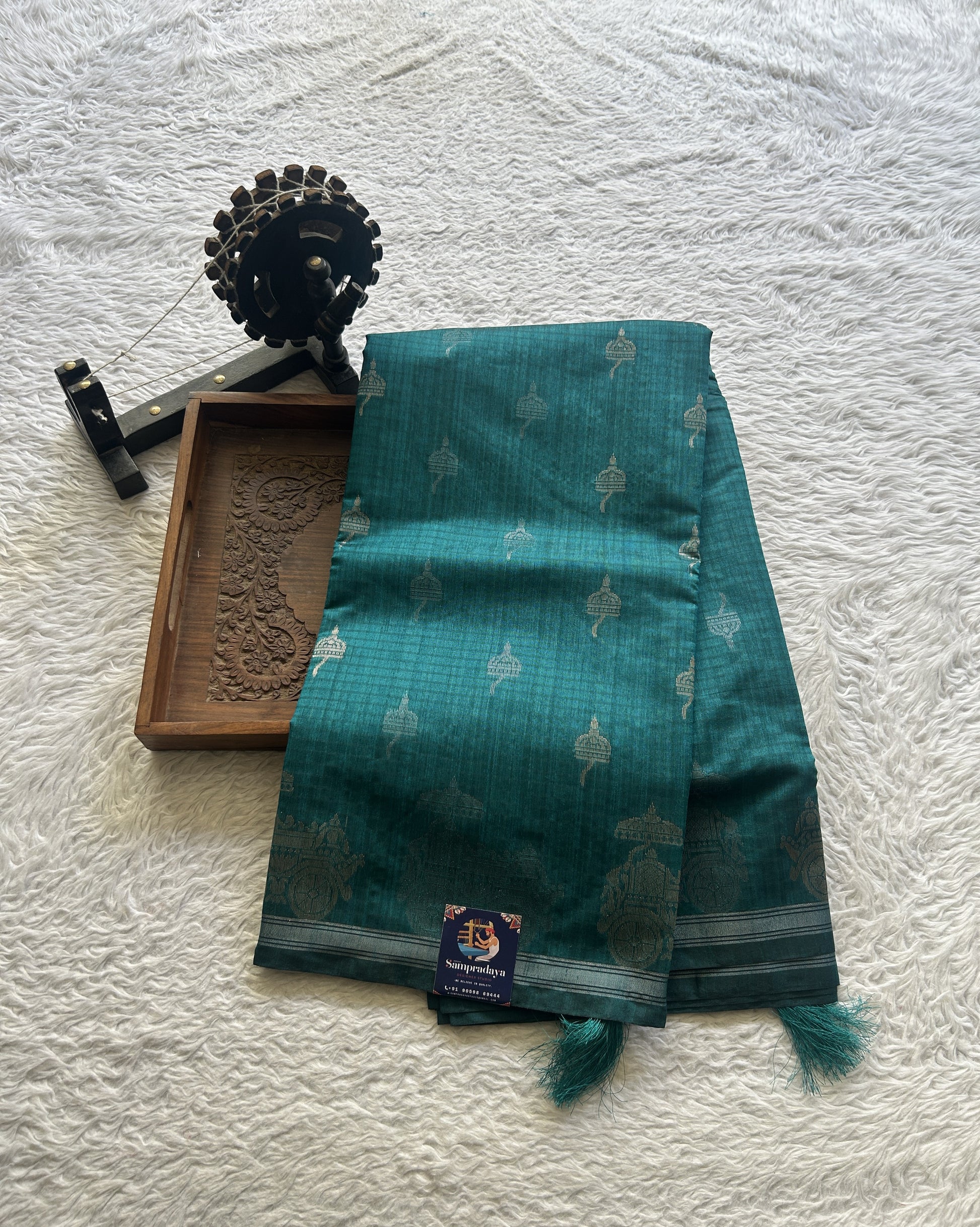 Semi Tussar Saree Colored Rama Green Complemented with a Zari Border. - Sampradaya Designer Studio
