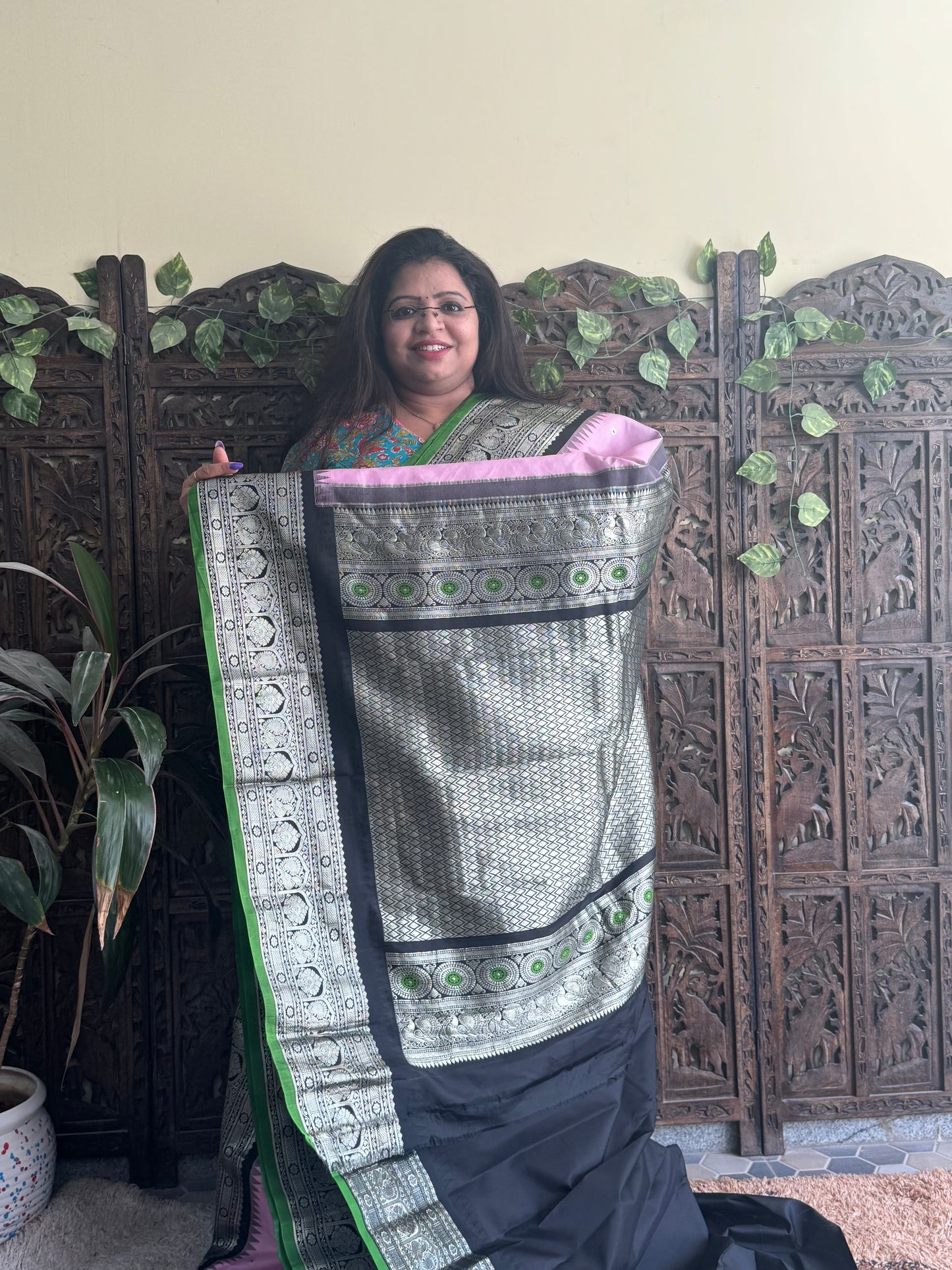 Gadwal Pattu Saree Baby Pink colored saree complemented with a Black Zari border - Sampradaya Designer Studio