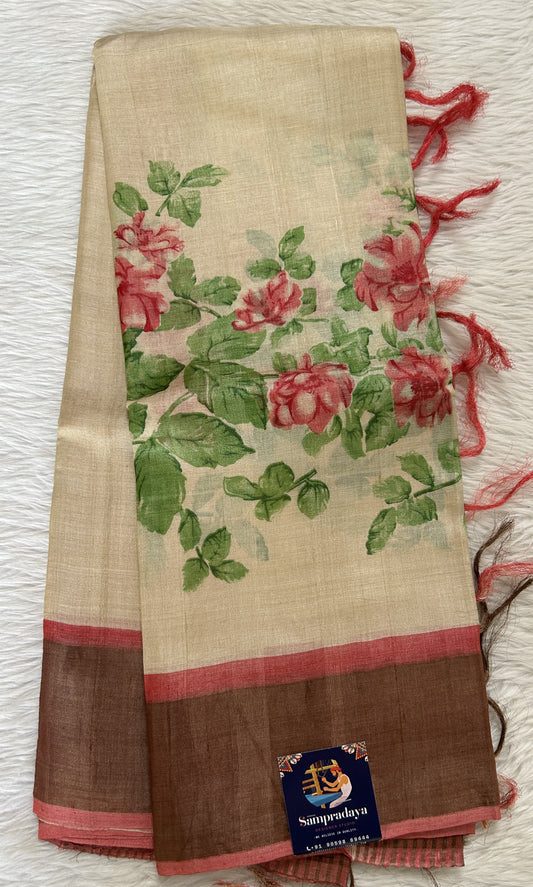 Tussar Silk Saree Cream colored complemented with a Peach Color Zari border. - Sampradaya Designer Studio