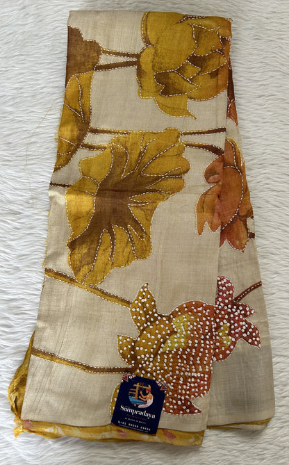 Tussar Silk Saree Cream colored complemented with a borderless Saree. - Sampradaya Designer Studio