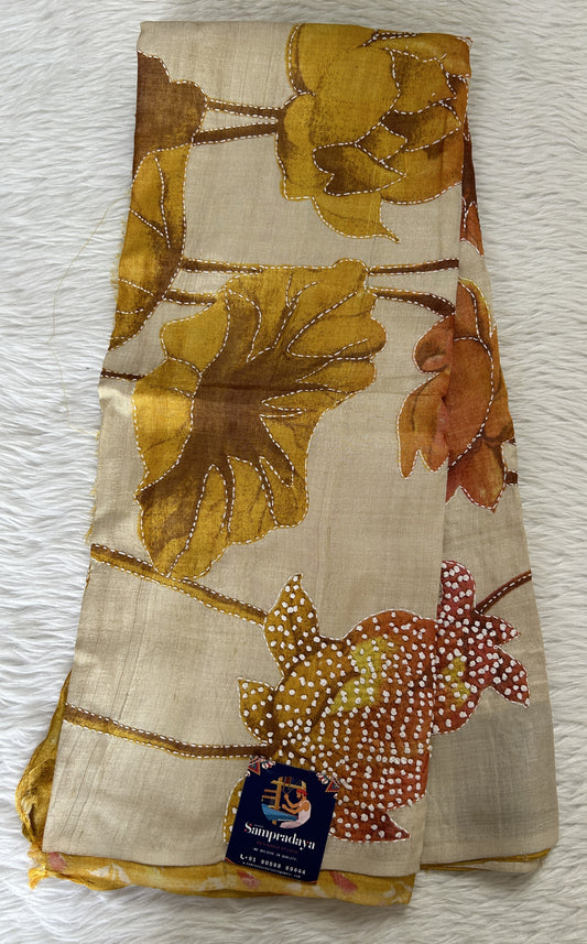 Tussar Silk Saree Cream colored complemented with a borderless Saree. - Sampradaya Designer Studio