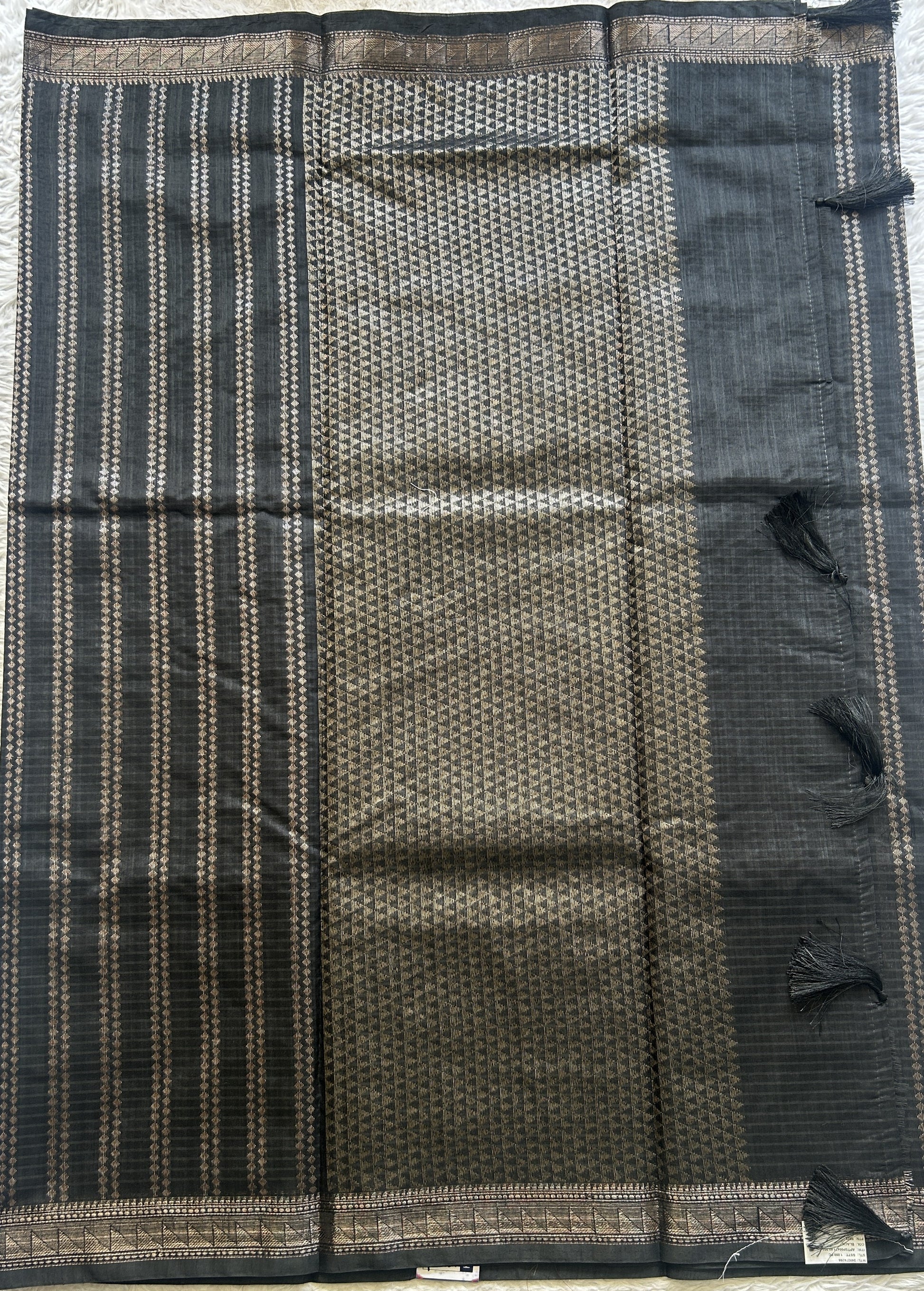 Semi Tussar Saree Colored Black Complemented with a Zari Border. - Sampradaya Designer Studio