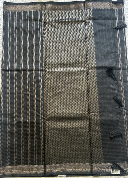 Semi Tussar Saree Colored Black Complemented with a Zari Border. - Sampradaya Designer Studio