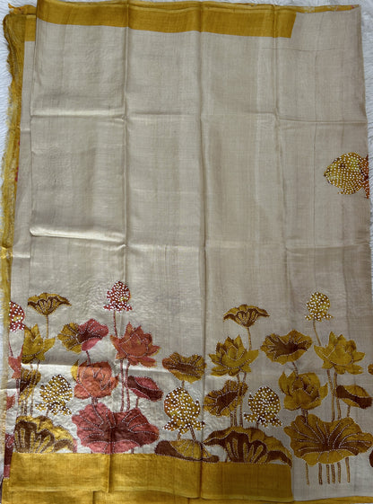 Tussar Silk Saree Cream colored complemented with a borderless Saree. - Sampradaya Designer Studio