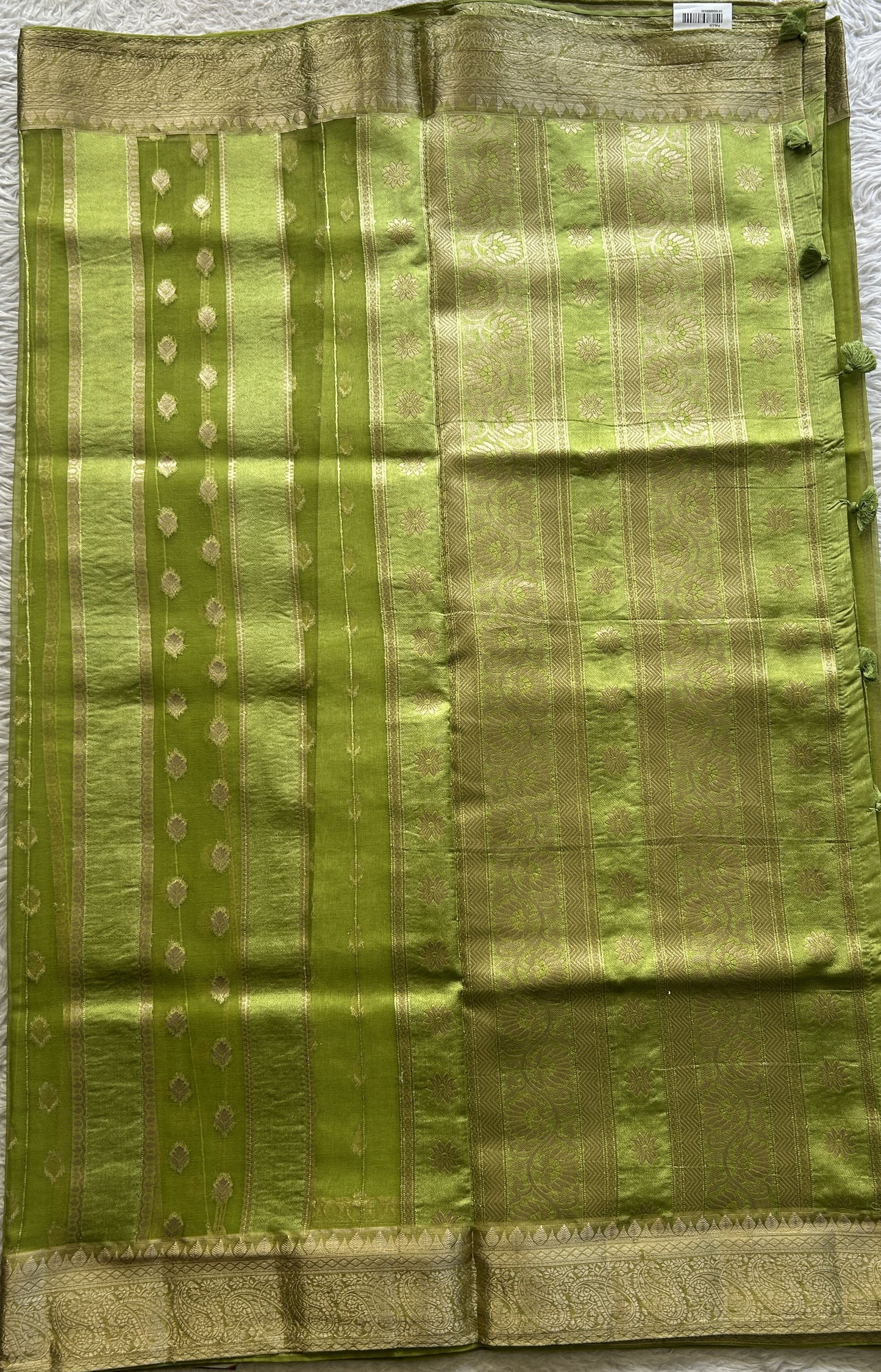 Semi Raw Silk Saree Parrot Green Colored Exquisite with a Zari Border. - Sampradaya Designer Studio