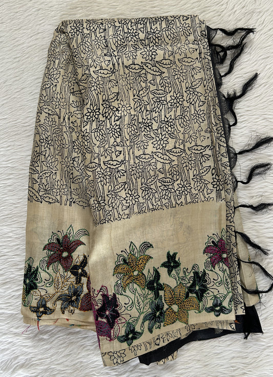 Tussar Silk Saree Cream colored complemented with a Hand Kantha work border. - Sampradaya Designer Studio