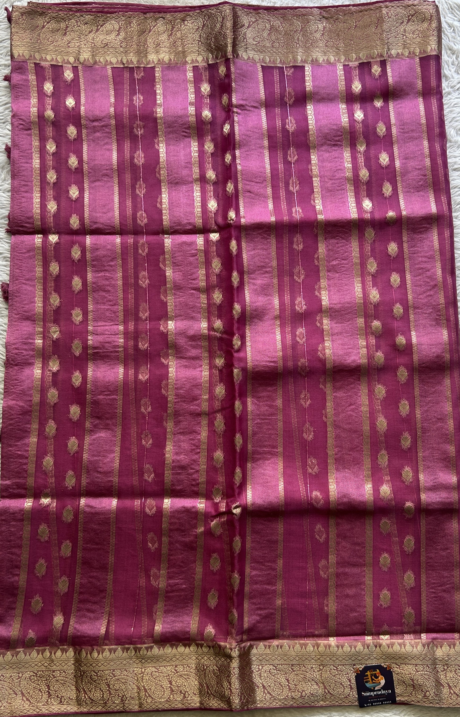Semi Raw Silk Saree Magenta Colored Exquisite with a Zari Border. - Sampradaya Designer Studio