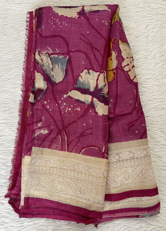 Tussar Silk Saree Pink colored complemented with a Cream Colored Chikankari border. - Sampradaya Designer Studio