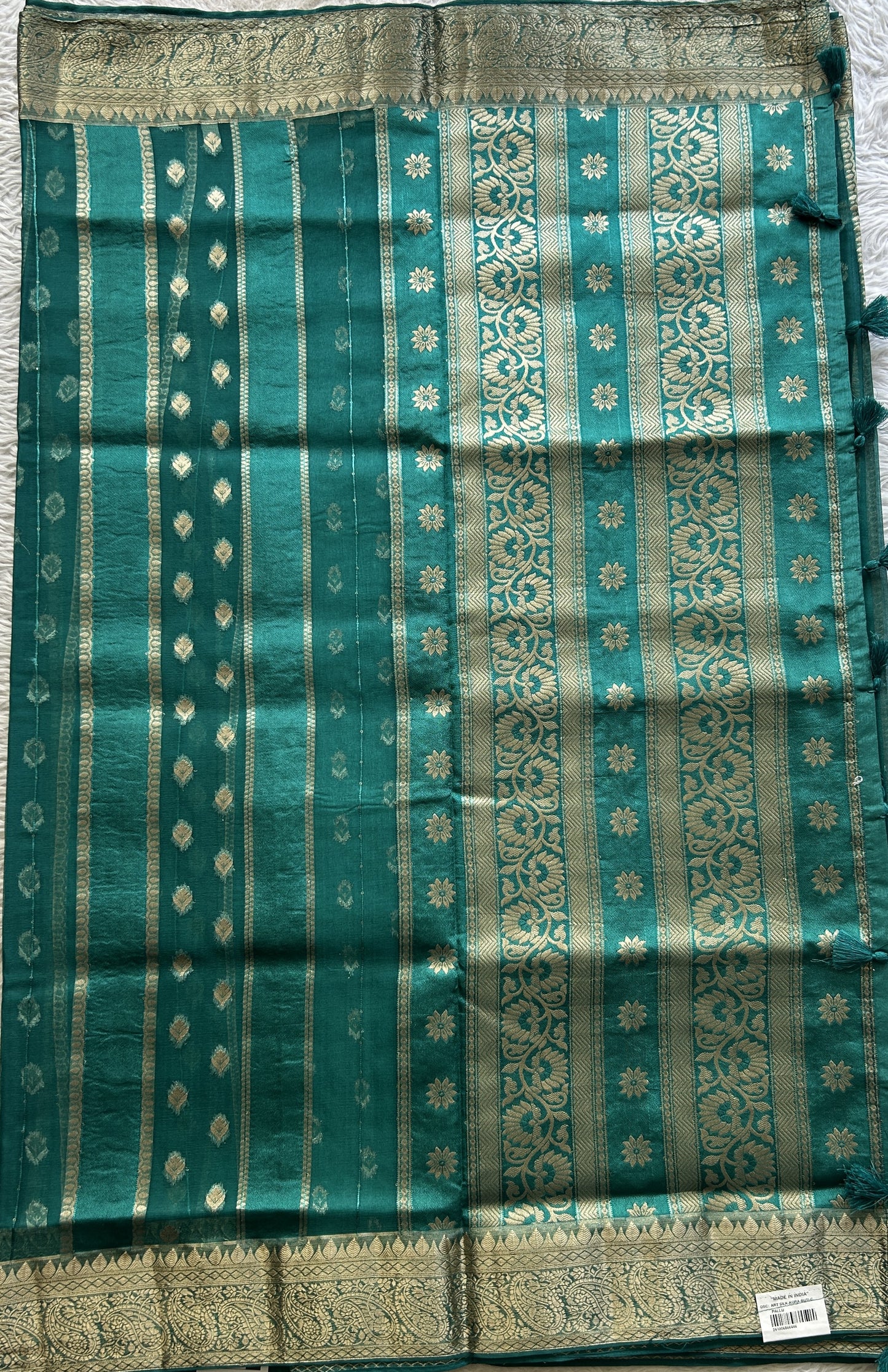 Semi Raw Silk Saree Bottle Green Colored Exquisite with a Zari Border. - Sampradaya Designer Studio