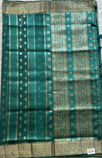 Semi Raw Silk Saree Bottle Green Colored Exquisite with a Zari Border. - Sampradaya Designer Studio