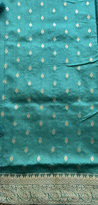 Semi Raw Silk Saree Bottle Green Colored Exquisite with a Zari Border. - Sampradaya Designer Studio