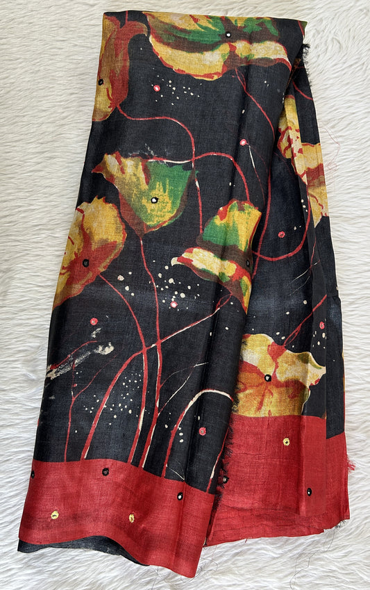 Tussar Silk Saree Black colored complemented with a Maroon Colored Mirror Accent border. - Sampradaya Designer Studio