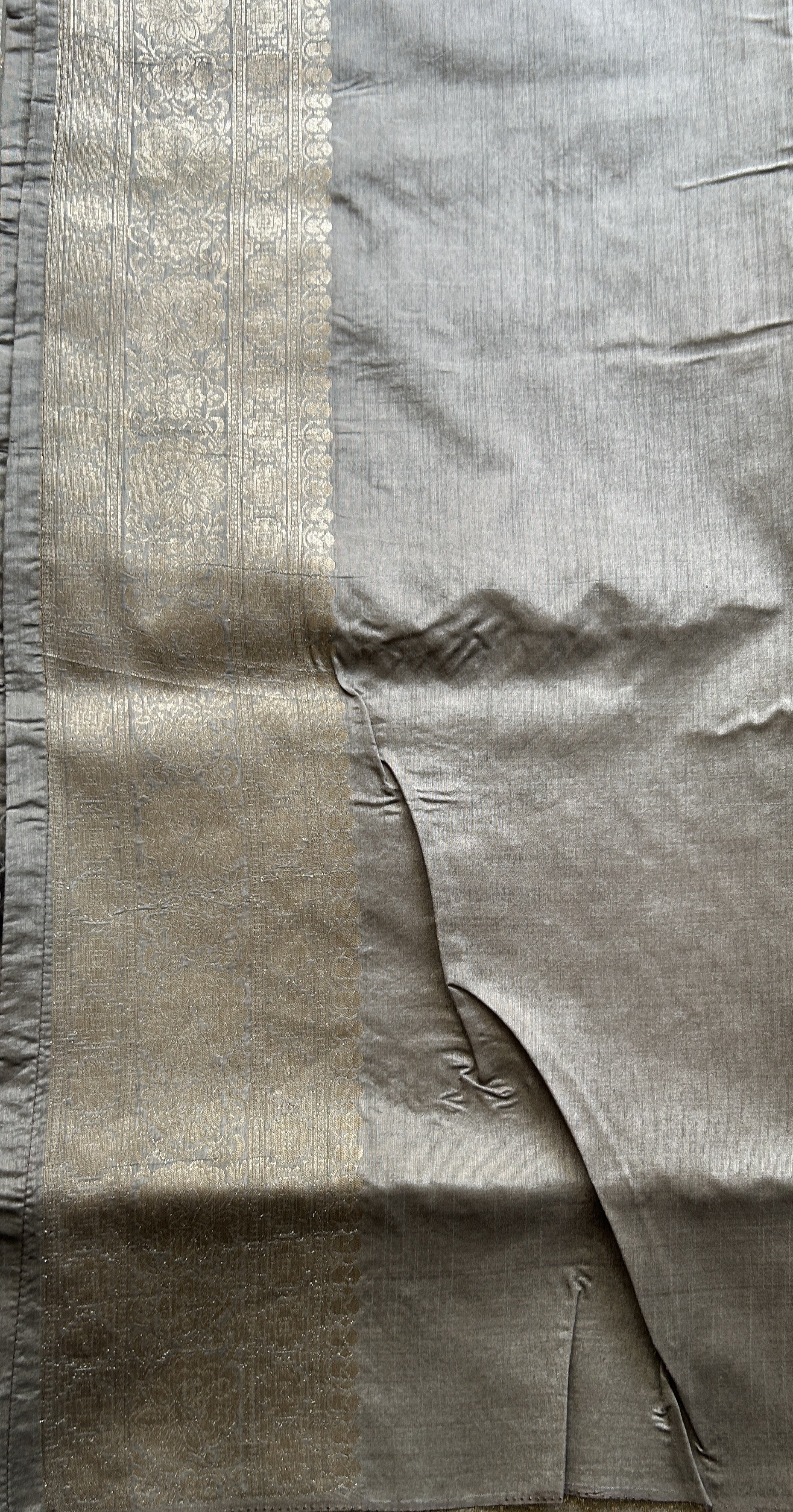 Semi Raw Silk Saree Gray Colored Exquisite with a Zari Border. - Sampradaya Designer Studio