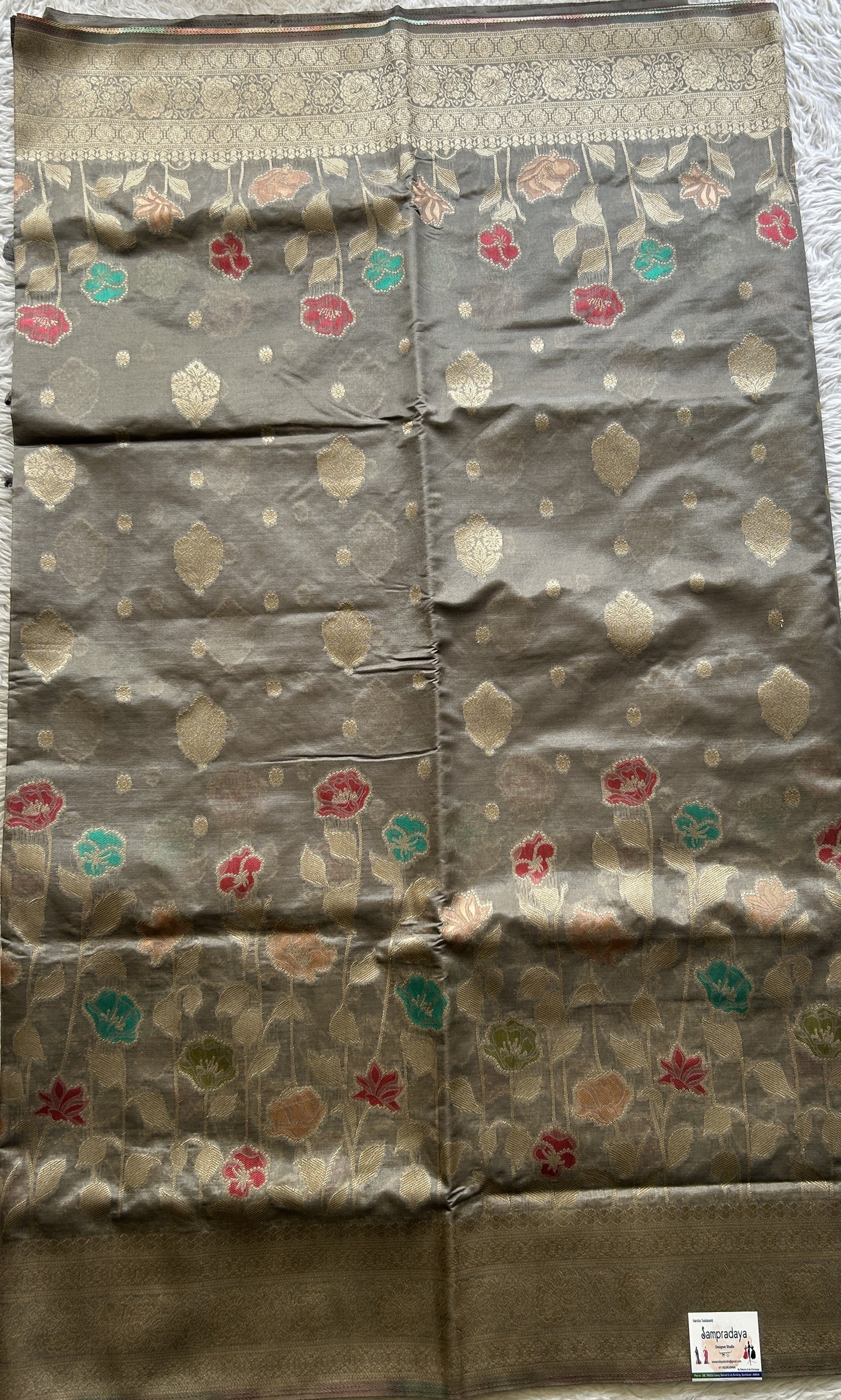 Semi Raw Silk Saree Gray Colored Exquisite with a Zari Border. - Sampradaya Designer Studio