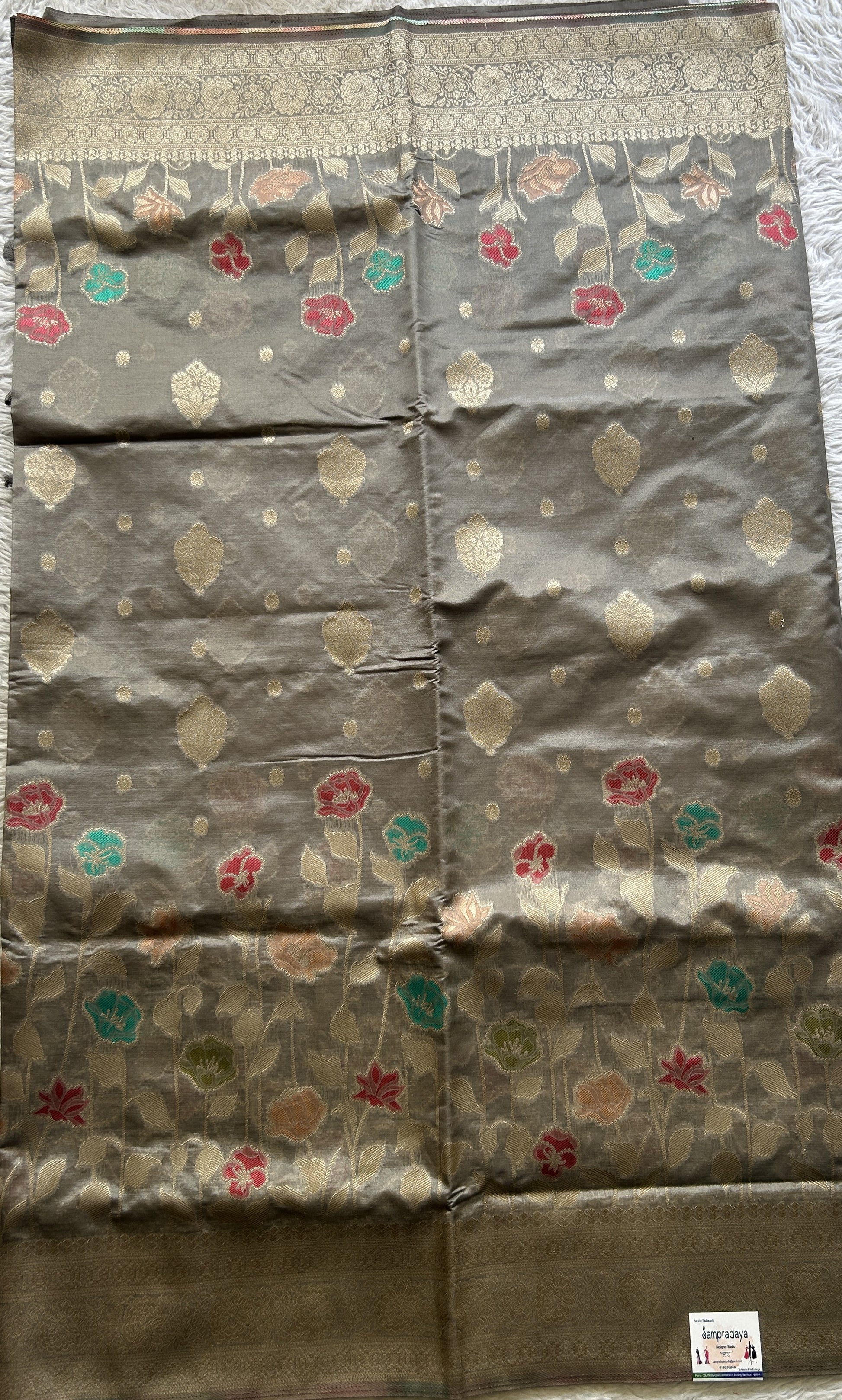 Semi Raw Silk Saree Gray Colored Exquisite with a Zari Border. - Sampradaya Designer Studio