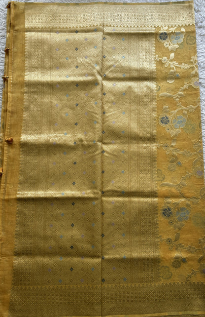 Semi Raw Silk Saree Light Yellow Colored Exquisite with a Zari Border. - Sampradaya Designer Studio