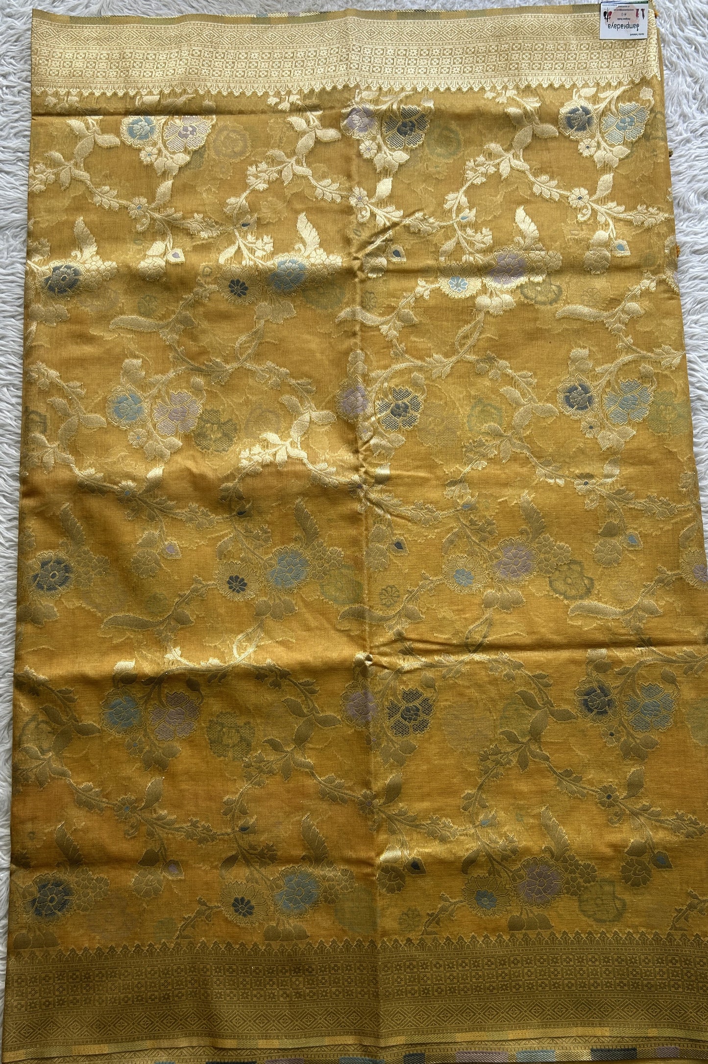 Semi Raw Silk Saree Light Yellow Colored Exquisite with a Zari Border. - Sampradaya Designer Studio