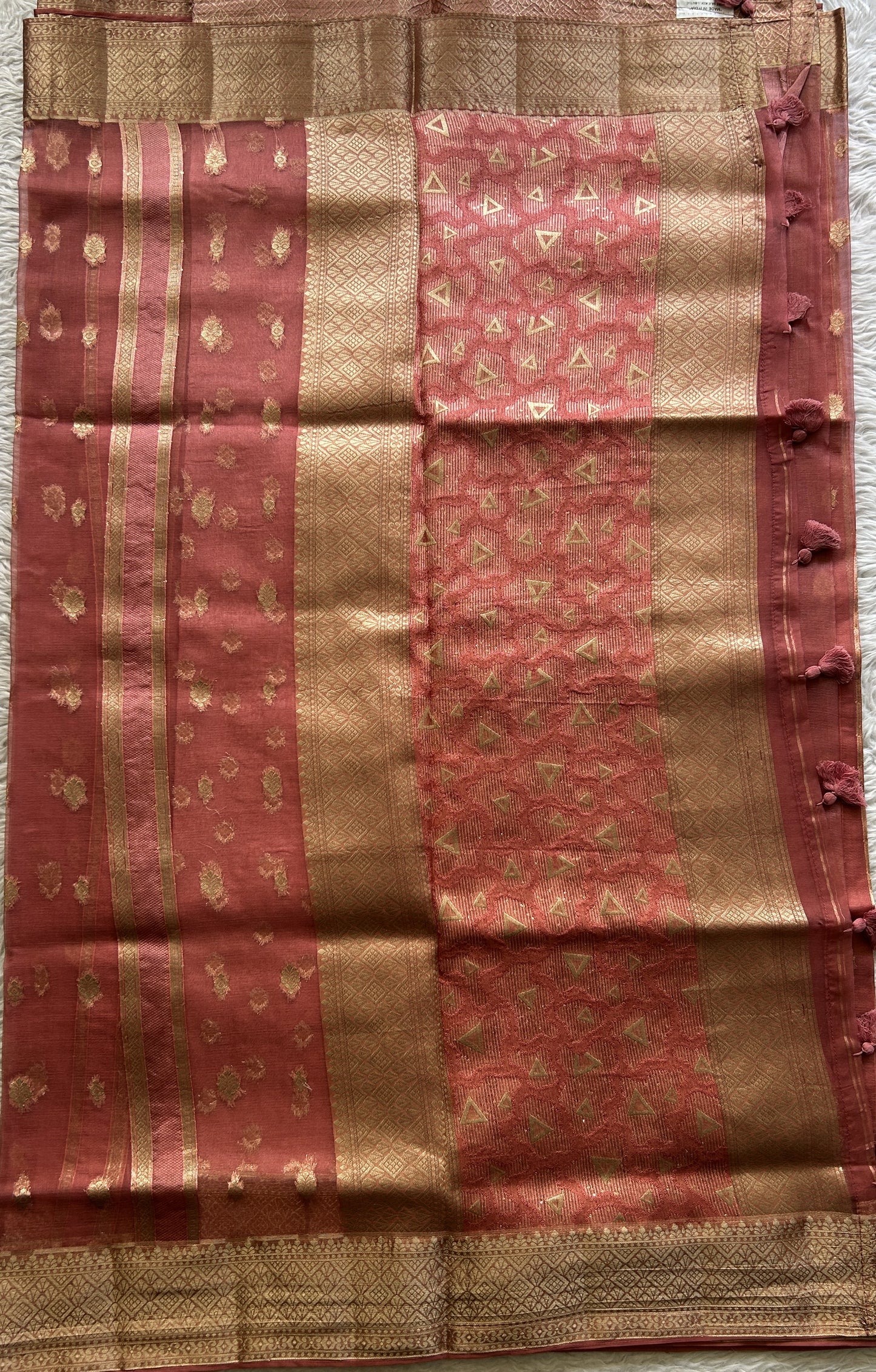 Semi Raw Silk Saree Watermelon Colored Exquisite with a Zari Border. - Sampradaya Designer Studio