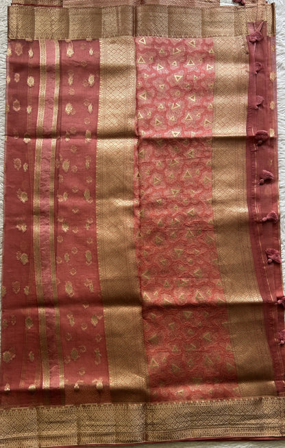 Semi Raw Silk Saree Watermelon Colored Exquisite with a Zari Border. - Sampradaya Designer Studio