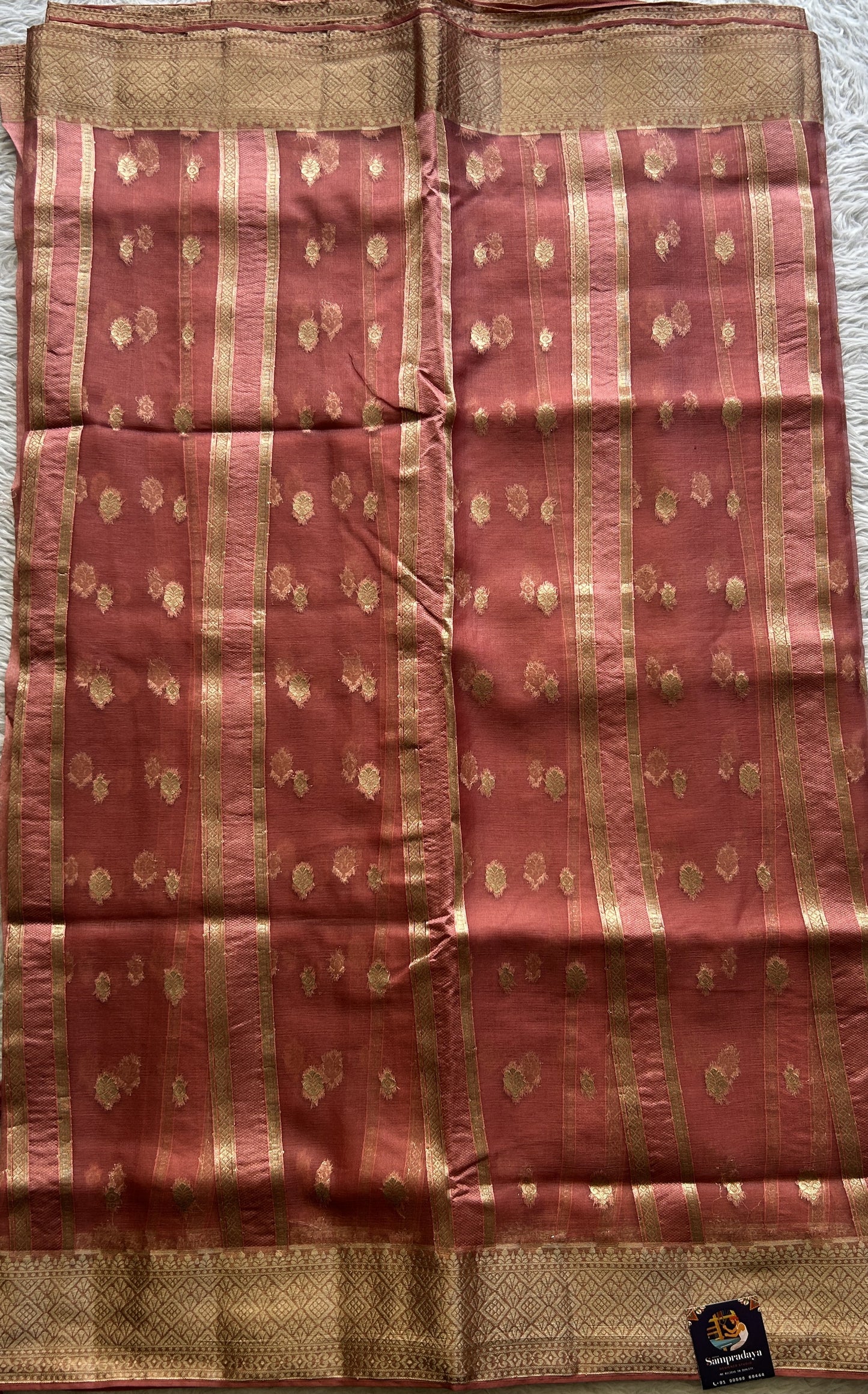 Semi Raw Silk Saree Watermelon Colored Exquisite with a Zari Border. - Sampradaya Designer Studio