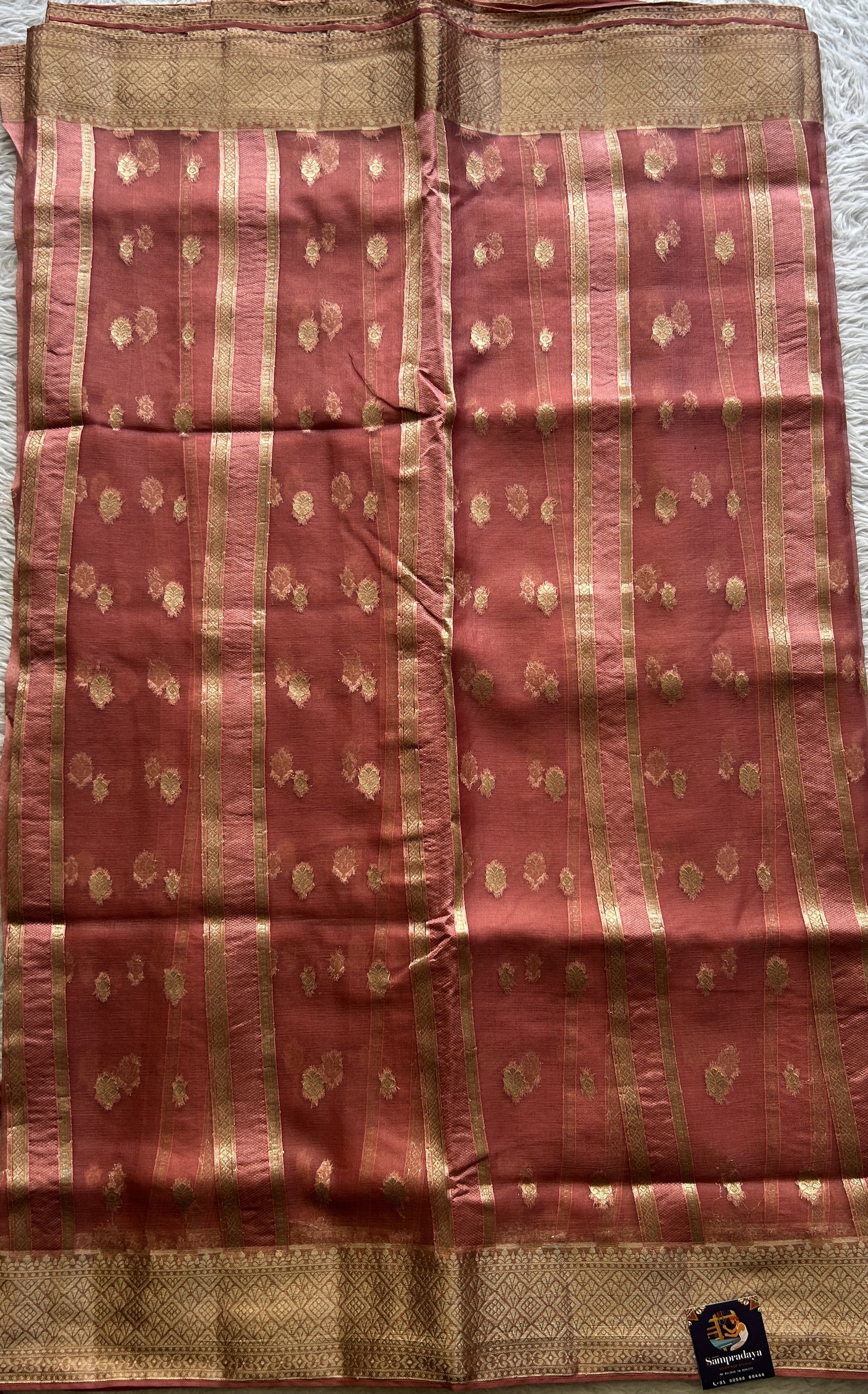 Semi Raw Silk Saree Watermelon Colored Exquisite with a Zari Border. - Sampradaya Designer Studio