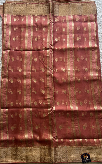 Semi Raw Silk Saree Watermelon Colored Exquisite with a Zari Border. - Sampradaya Designer Studio