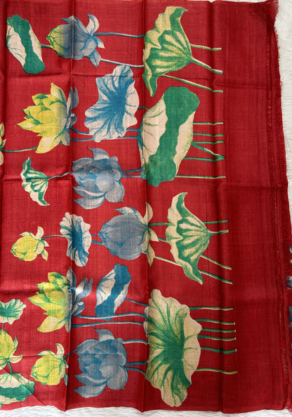 Tussar Silk Saree Red colored complemented with a borderless Saree. - Sampradaya Designer Studio