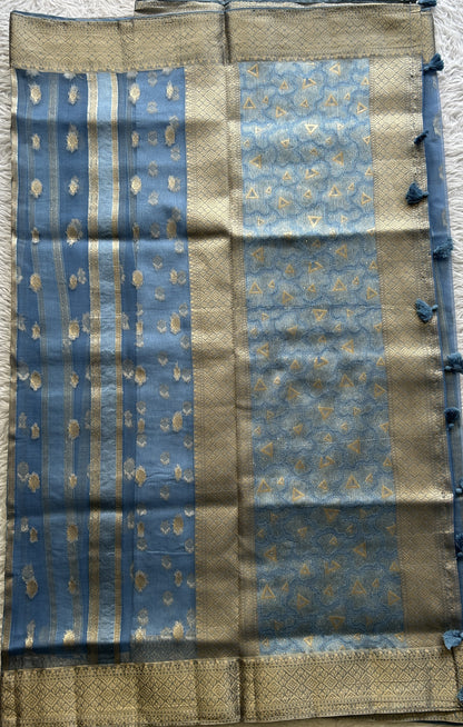 Semi Raw Silk Saree Light Blue Colored Exquisite with a Zari Border. - Sampradaya Designer Studio