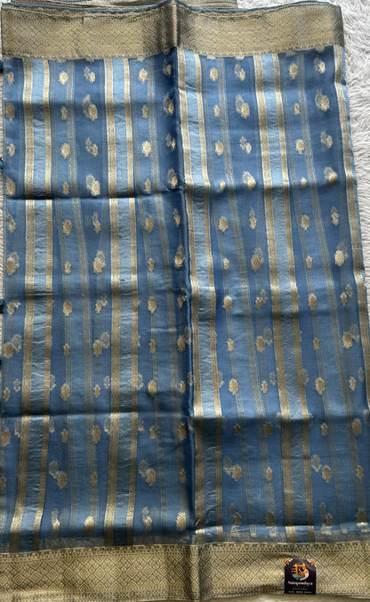 Semi Raw Silk Saree Light Blue Colored Exquisite with a Zari Border. - Sampradaya Designer Studio