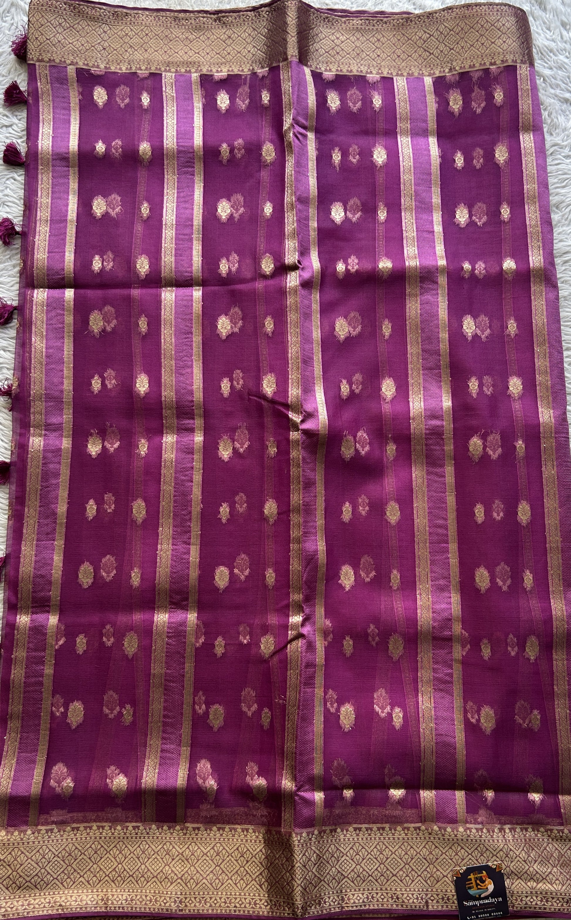 Semi Raw Silk Saree Barbie Pink Colored Exquisite with a Zari Border. - Sampradaya Designer Studio