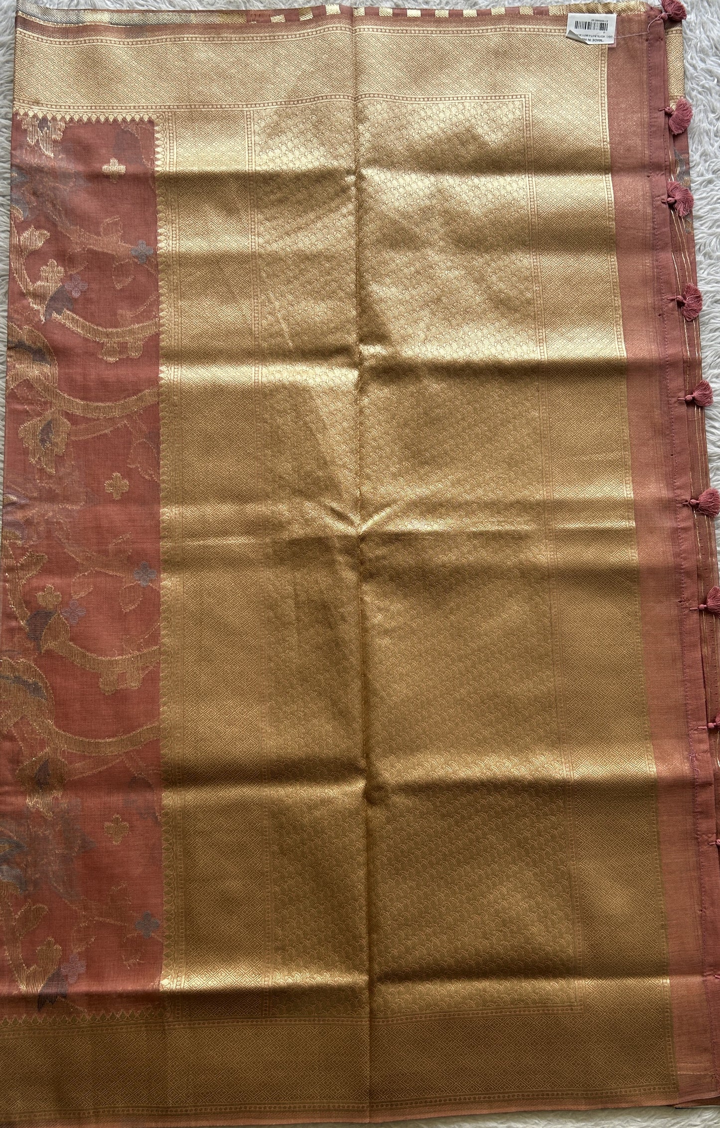Semi Raw Silk Saree Peach Colored Exquisite with a Zari Border. - Sampradaya Designer Studio