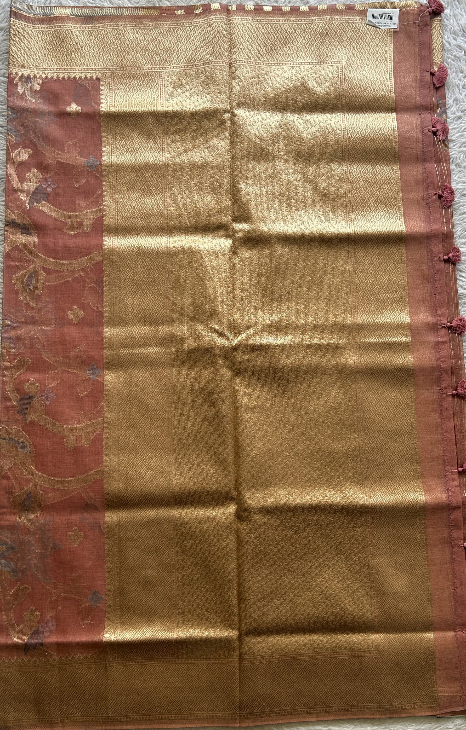 Semi Raw Silk Saree Peach Colored Exquisite with a Zari Border. - Sampradaya Designer Studio