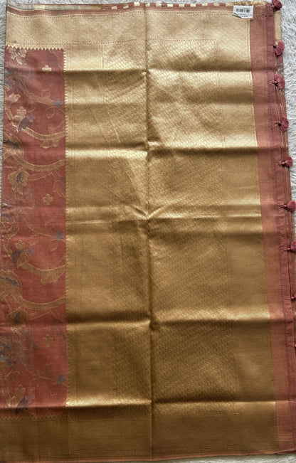 Semi Raw Silk Saree Peach Colored Exquisite with a Zari Border. - Sampradaya Designer Studio