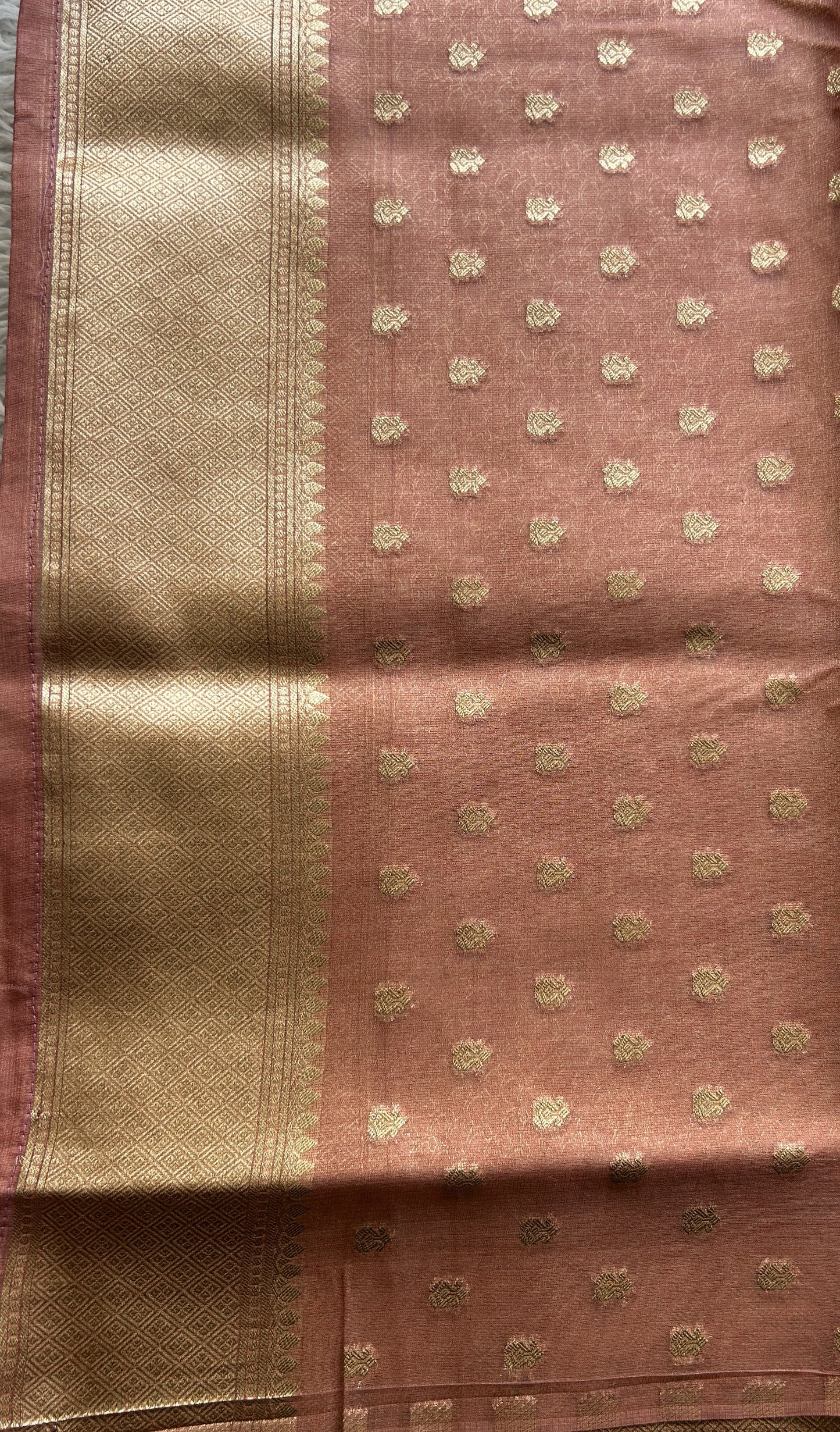 Semi Raw Silk Saree Peach Colored Exquisite with a Zari Border. - Sampradaya Designer Studio